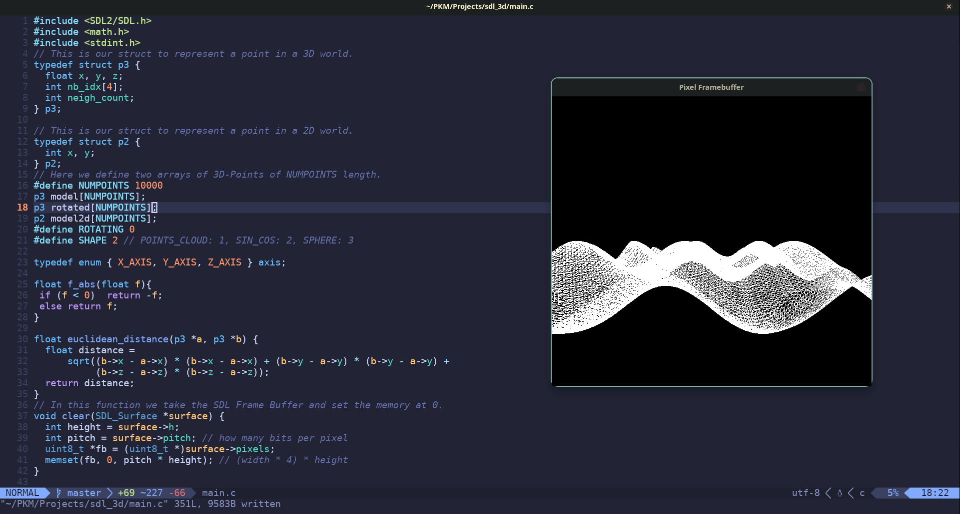 Terminal with C source code next to an SDL2 window rendering a wavy 3D wireframe surface